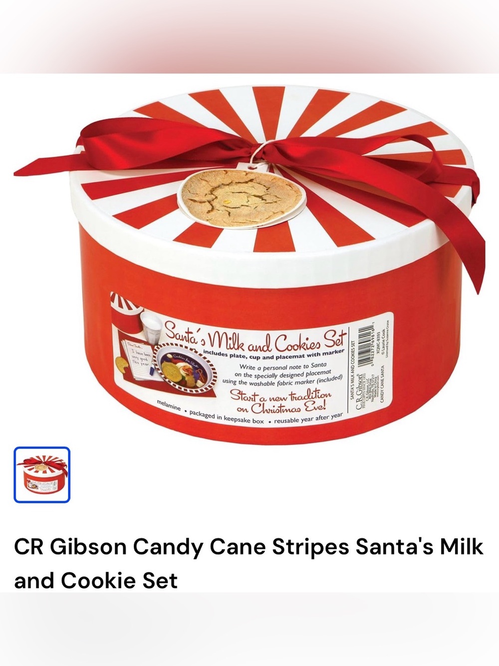 CR Gibson Candy Cane Stripes Santa's Milk and Cookie Set